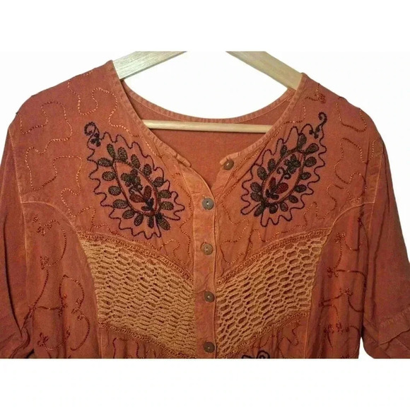 Vintage Boho Terracotta Maxi Dress with Crochet Accents and Floral Embroidered L - Picture 6 of 13